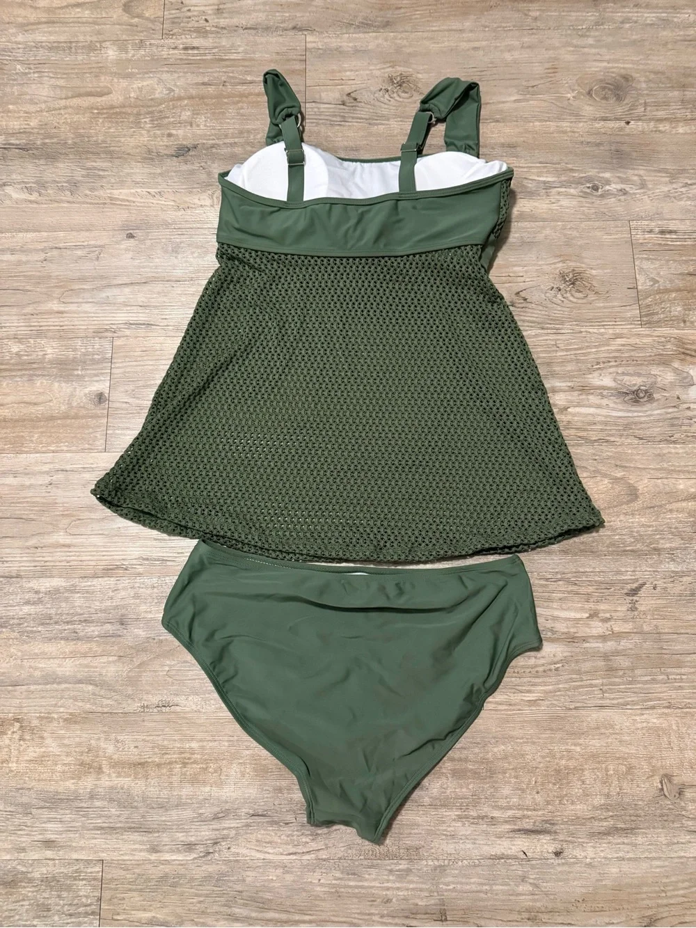 Olive Green Textured Tankini Set with Tie-Waist